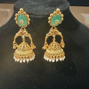 Gold-Plated Green Stone Pearl Jhumka Earrings - Women Jewelry